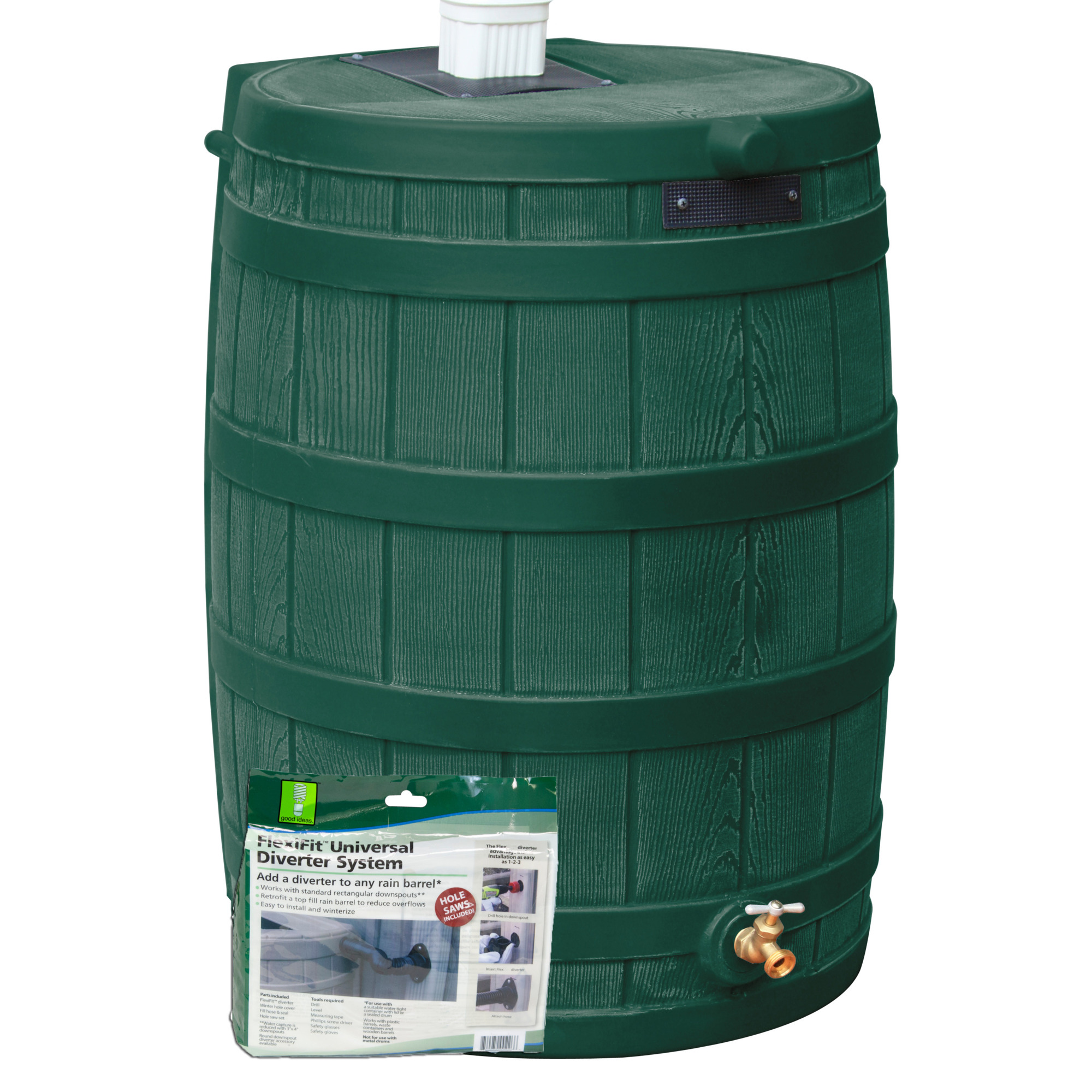 Good Ideas Rain Wizard Rain Barrel with Diverter Kit — 50 Gallon, Green, BPA-Free, Model# RW50-DIV-GRN